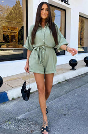 Sallie Belted Cotton Gauze Style Playsuit-Sage