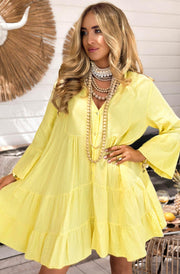 Samantha Cotton Gauze Style Smock Dress-Yellow