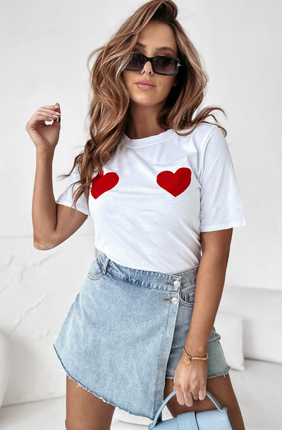 Samida Twin Heart Graphic Printed T. Shirt Top-Ivory