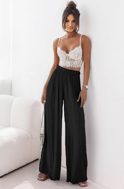Sandie Satin Style Wide Leg Trousers-Black