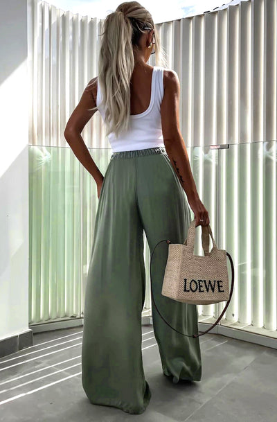 Sandie Satin Style Wide Leg Trousers-Olive
