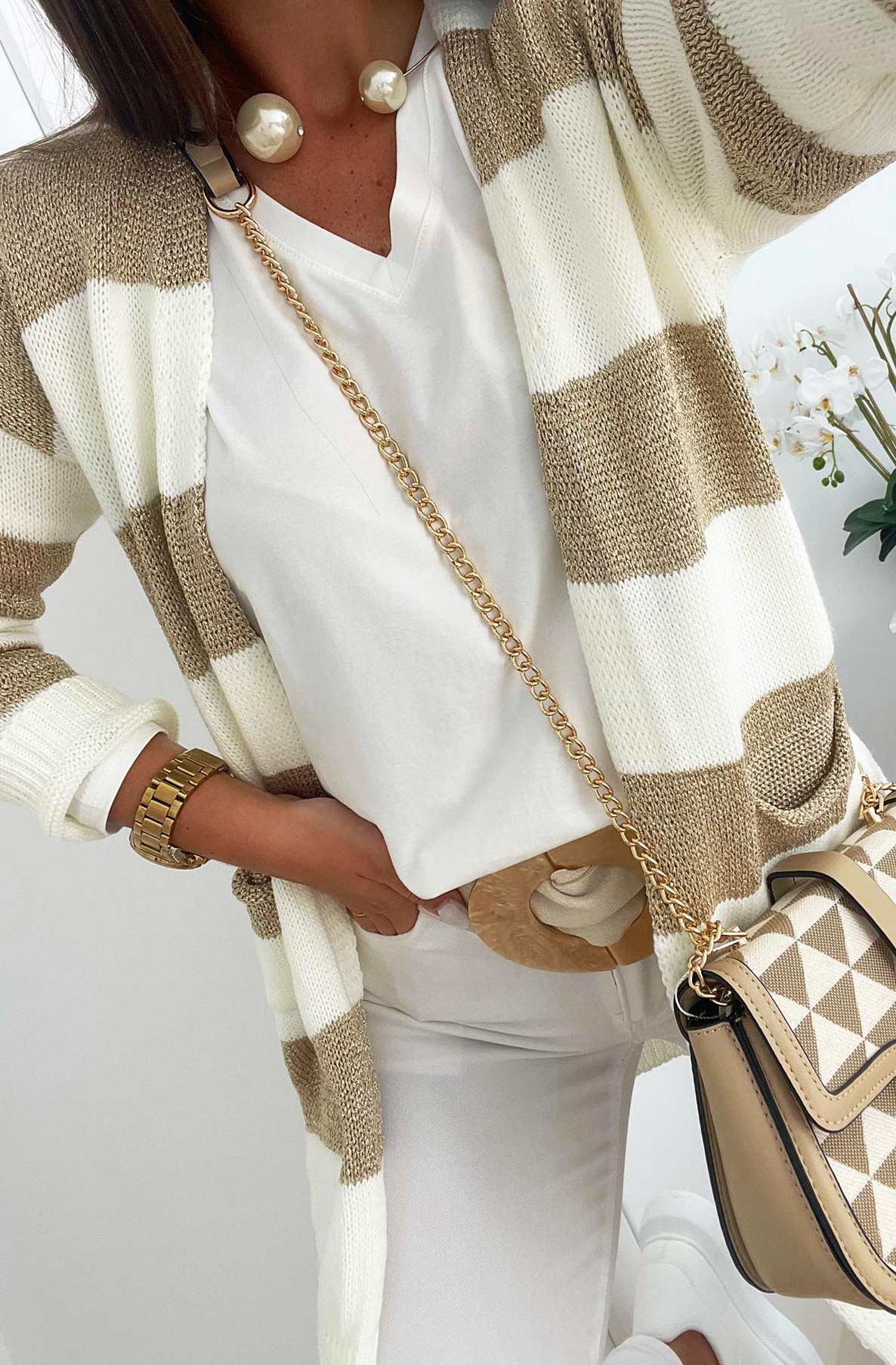 Sandria Shimmer Striped Longline Cardigan-Ivory