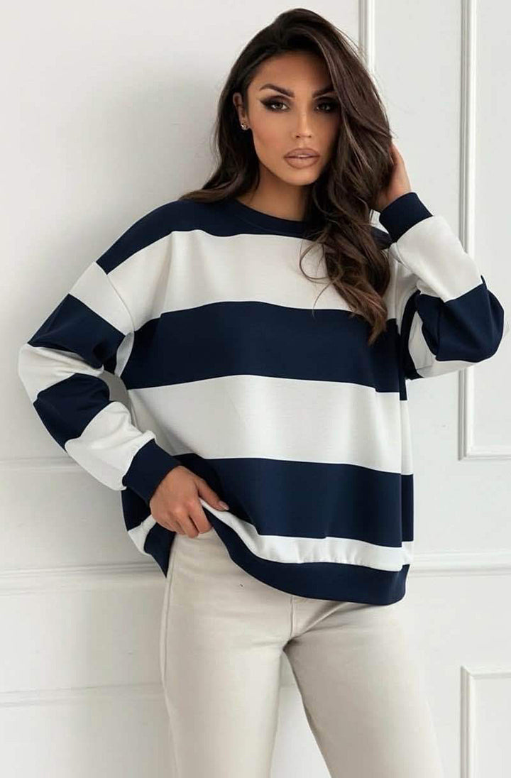 Savi Stripe Oversized Sweatshirt Top-Navy