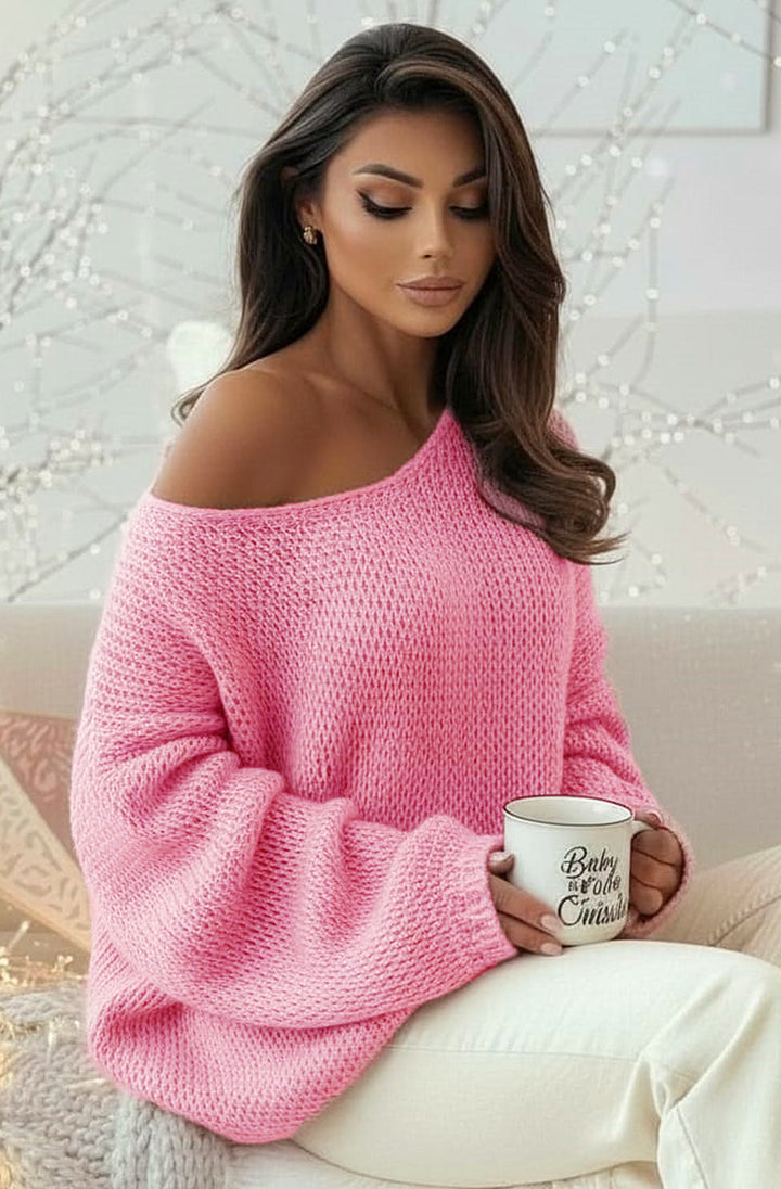 Sena Oversize Off Shoulder Knitted Sweater Jumper Top-Baby Pink