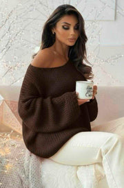 Sena Oversize Off Shoulder Knitted Sweater Jumper Top-Chocolate