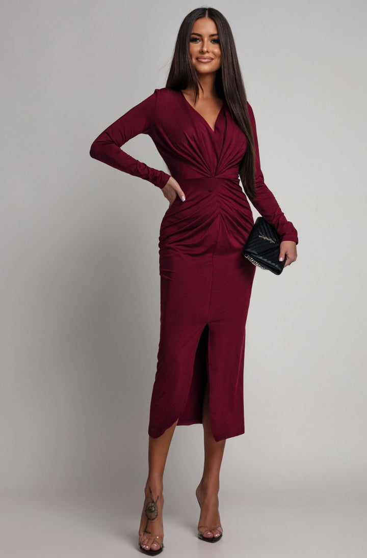 Serena Ruched Bodycon Midaxi Dress-Wine