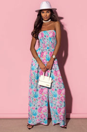 Shanaya Shirred Bandeau Floral Jumpsuit-Blue