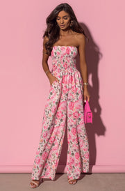 Shanaya Shirred Bandeau Floral Jumpsuit-Pink