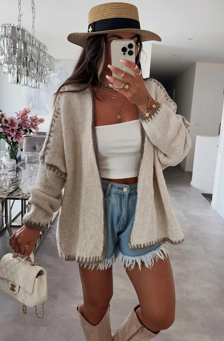 Shania Contrast Knitted Cardigan-Brown