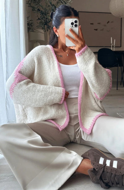 Shania Contrast Knitted Cardigan-Pink