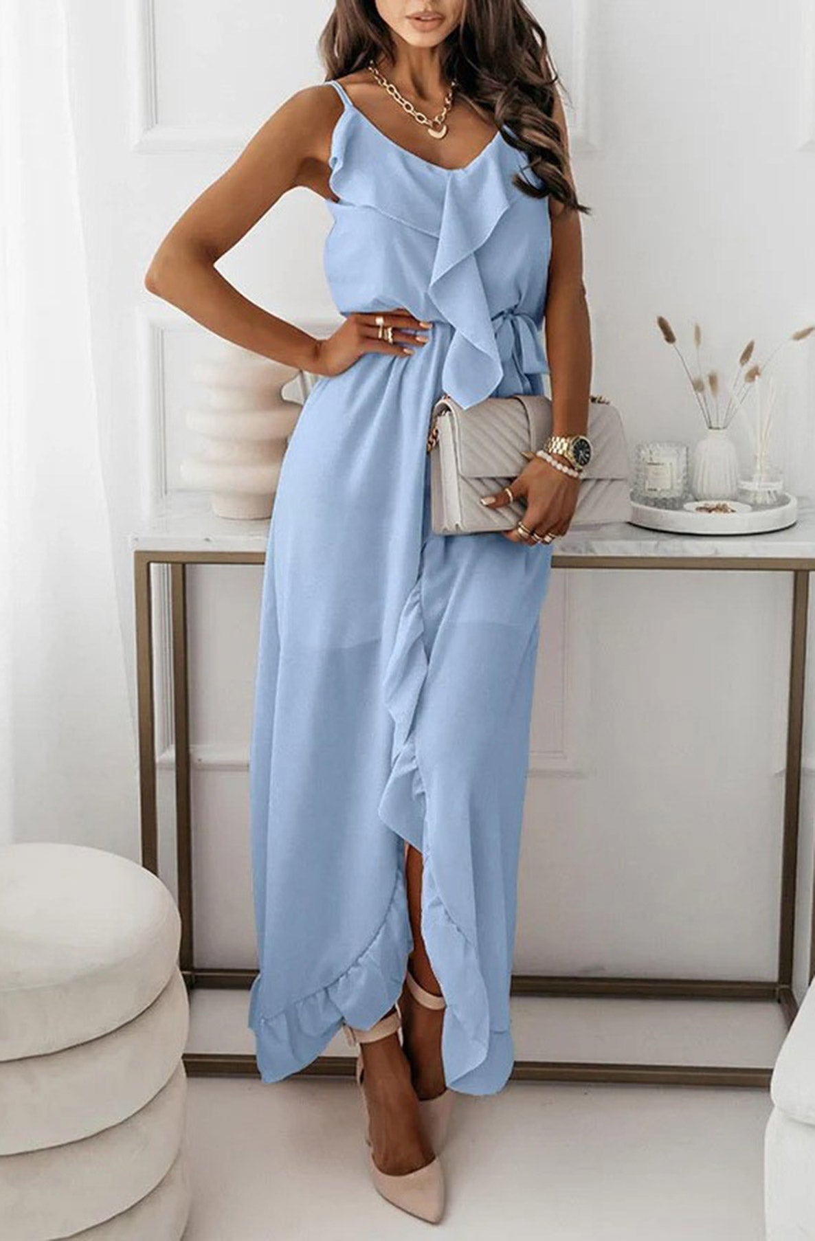 Shanice Frill Chiffon Maxi Dress-Sky Blue