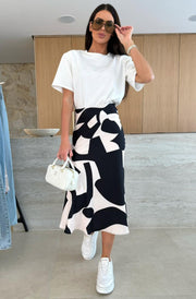 Sharon Satin Patterned Midaxi Skirt-Black