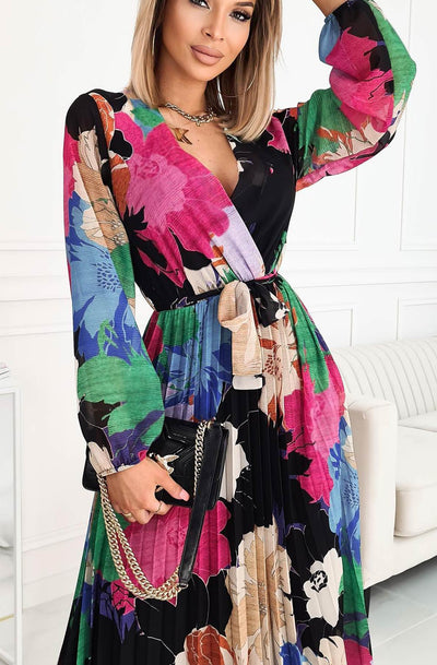 Sharon Floral Chiffon Pleated Maxi Dress-Multi