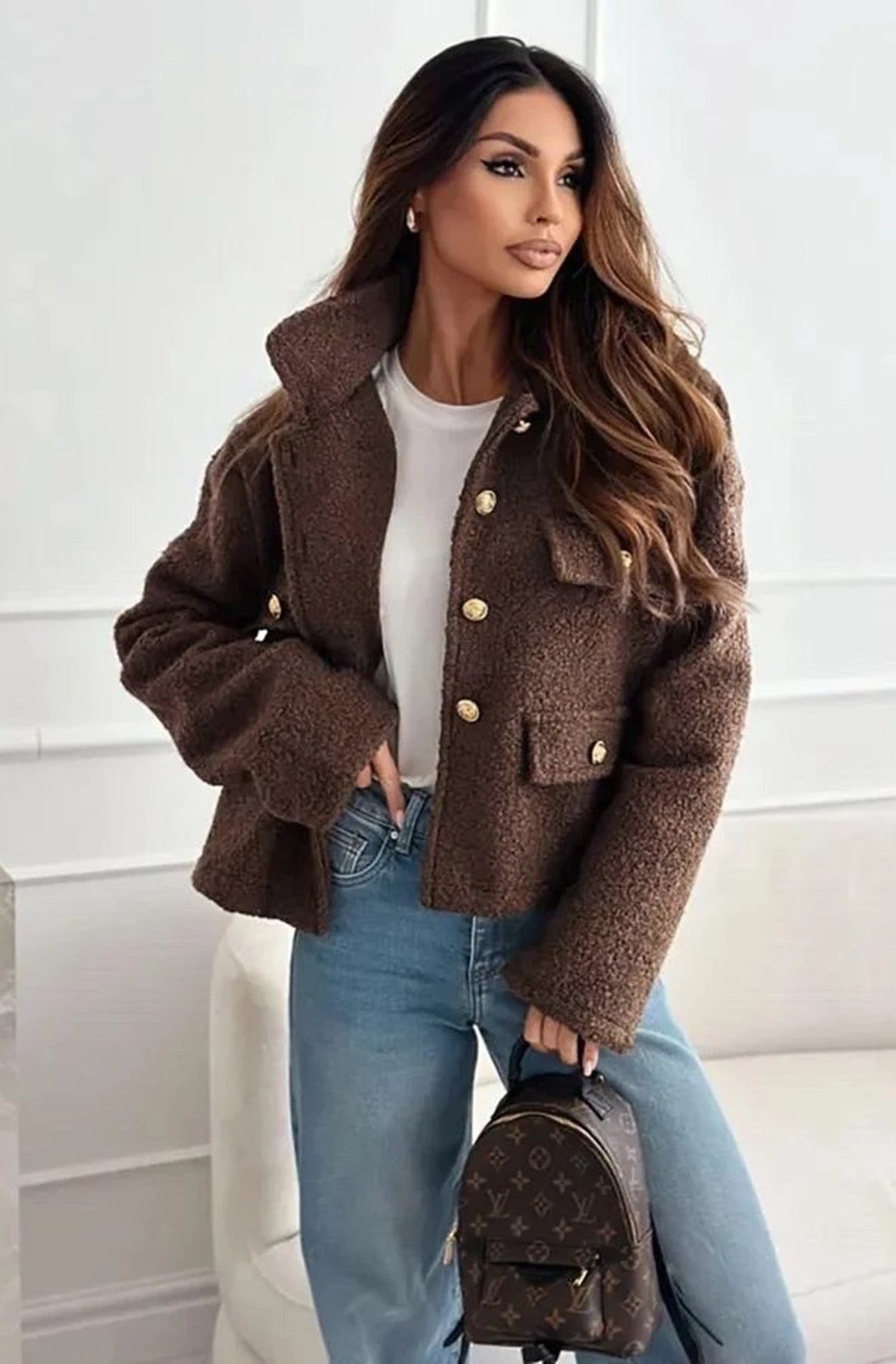 Shaya Boucle Style Jacket-Brown