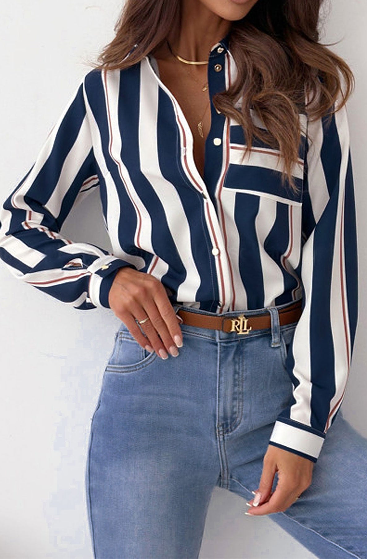 Shaya Striped Pocket Detail Blouse Top Shirt-Navy