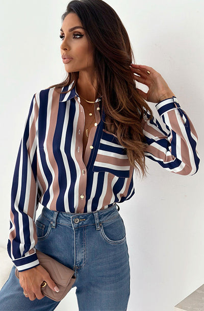 Shaya Striped Pocket Detail Blouse Top Shirt-Peach