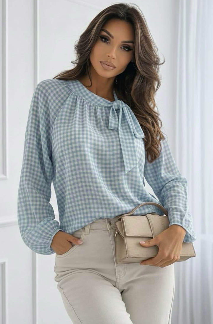 Sia Sheer Gingham Tie-Neck Blouse Top-Blue