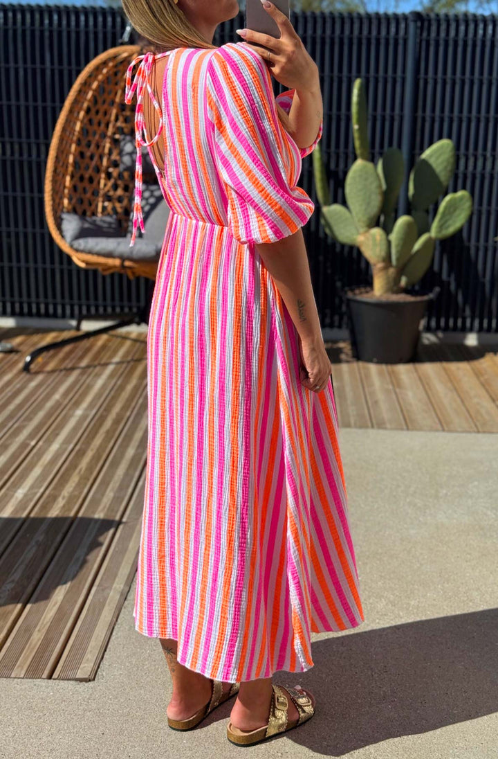 Silvia Striped Cotton Gauze Style Midaxi Dress-Multi