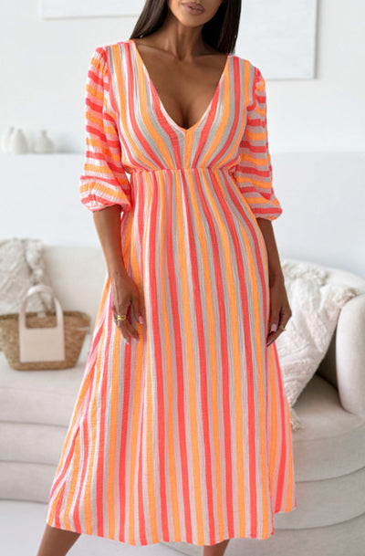 Silvia Striped Cotton Gauze Style Midaxi Dress-Orange