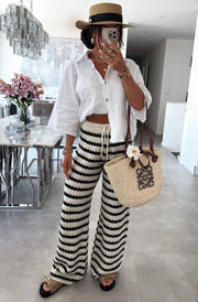 Simone Striped Knitted Wide Leg Trousers-Ivory
