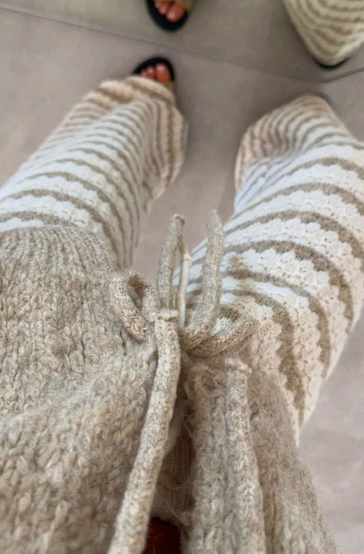 Simone Striped Knitted Wide Leg Trousers-Stone