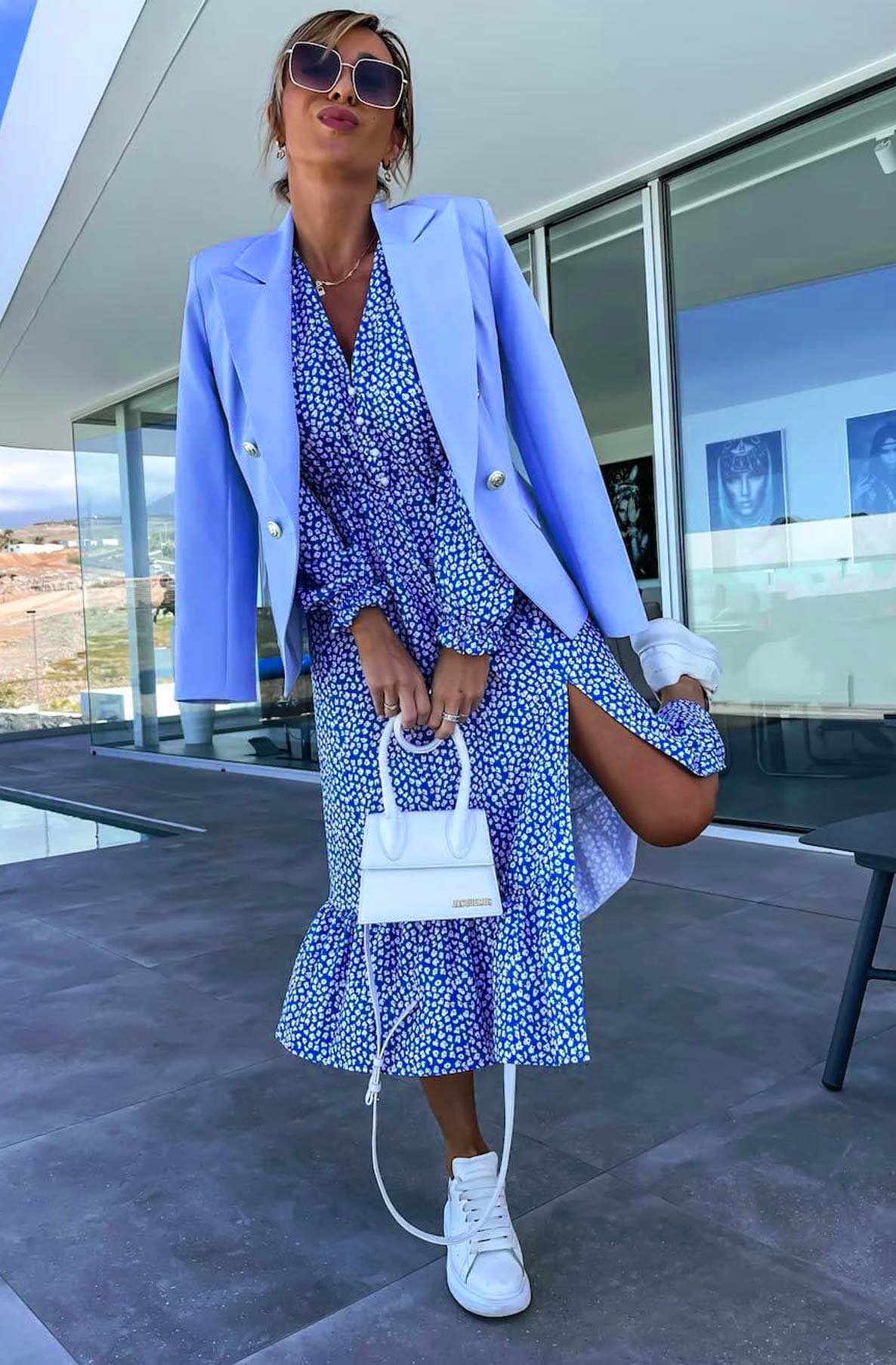Skylar Ditsy Print Side Slit Midaxi Dress-Blue
