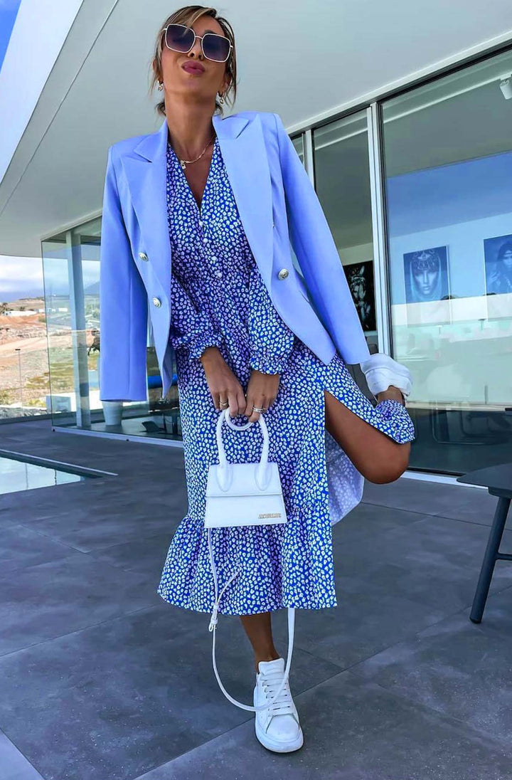 Skylar Ditsy Print Side Slit Midaxi Dress-Blue