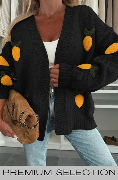 Sofia 'Lemon' Applique Embroidered Knitted Cardigan-Black