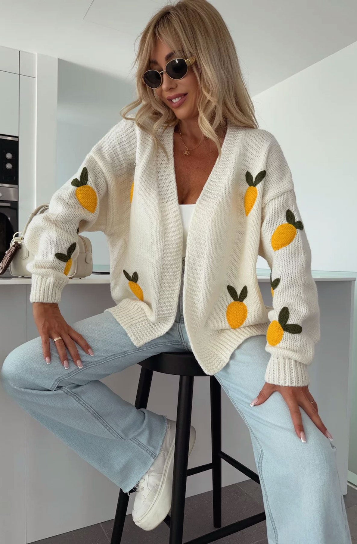 Sofia 'Lemon' Applique Embroidered Knitted Cardigan-Ivory