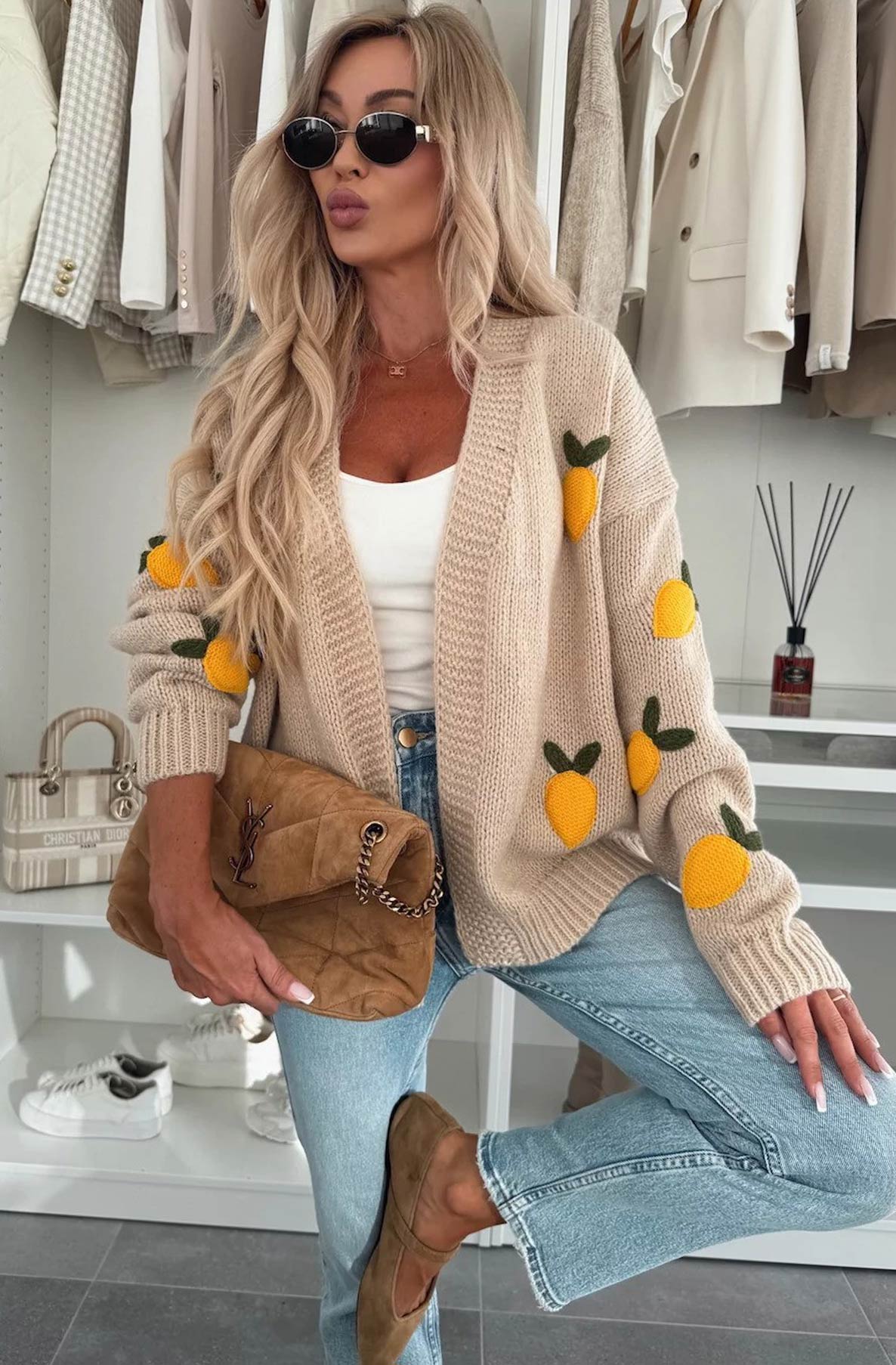 Sofia 'Lemon' Applique Embroidered Knitted Cardigan-Stone