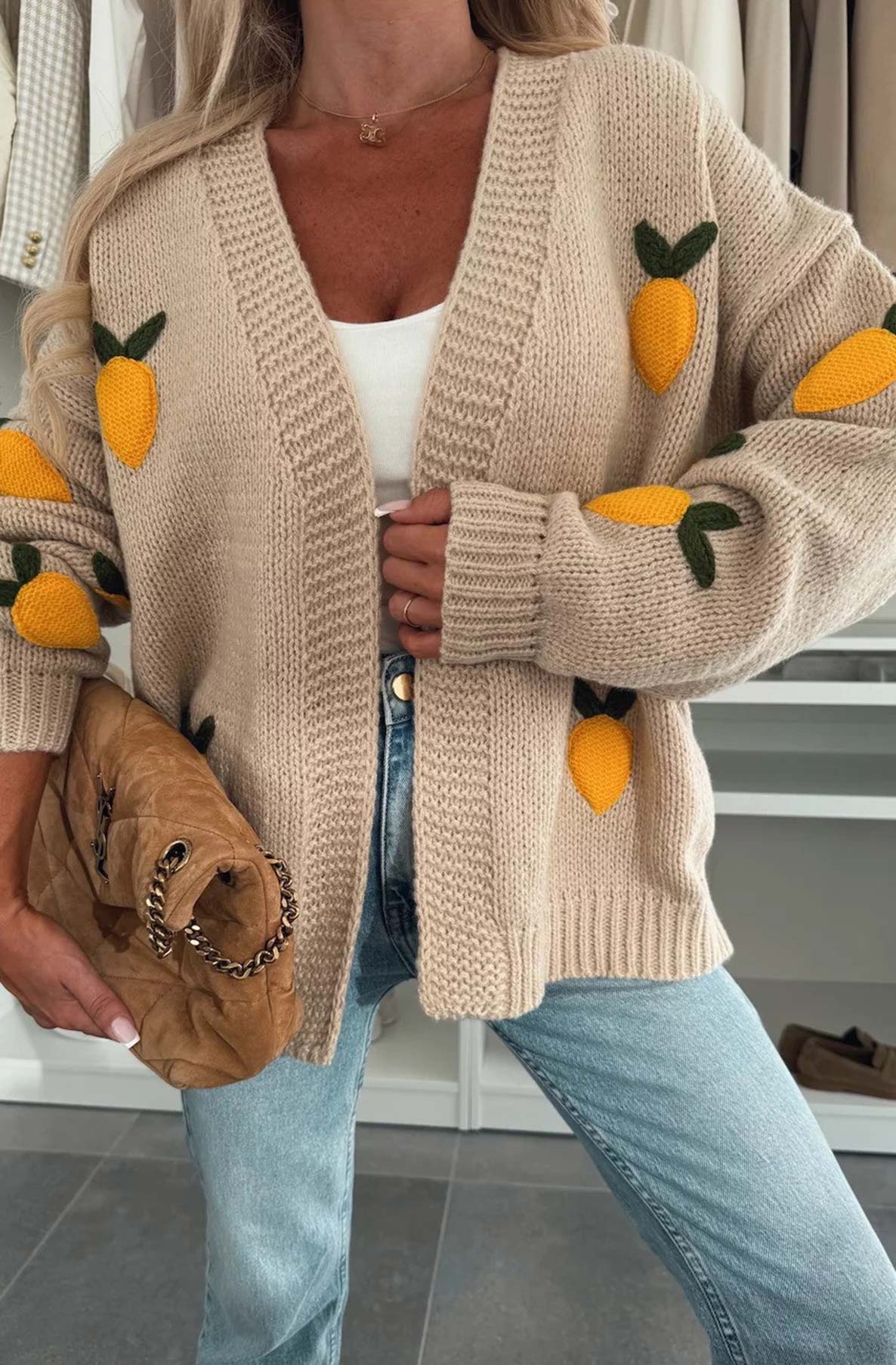 Sofia 'Lemon' Applique Embroidered Knitted Cardigan-Stone