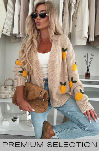 Sofia 'Lemon' Applique Embroidered Knitted Cardigan-Stone