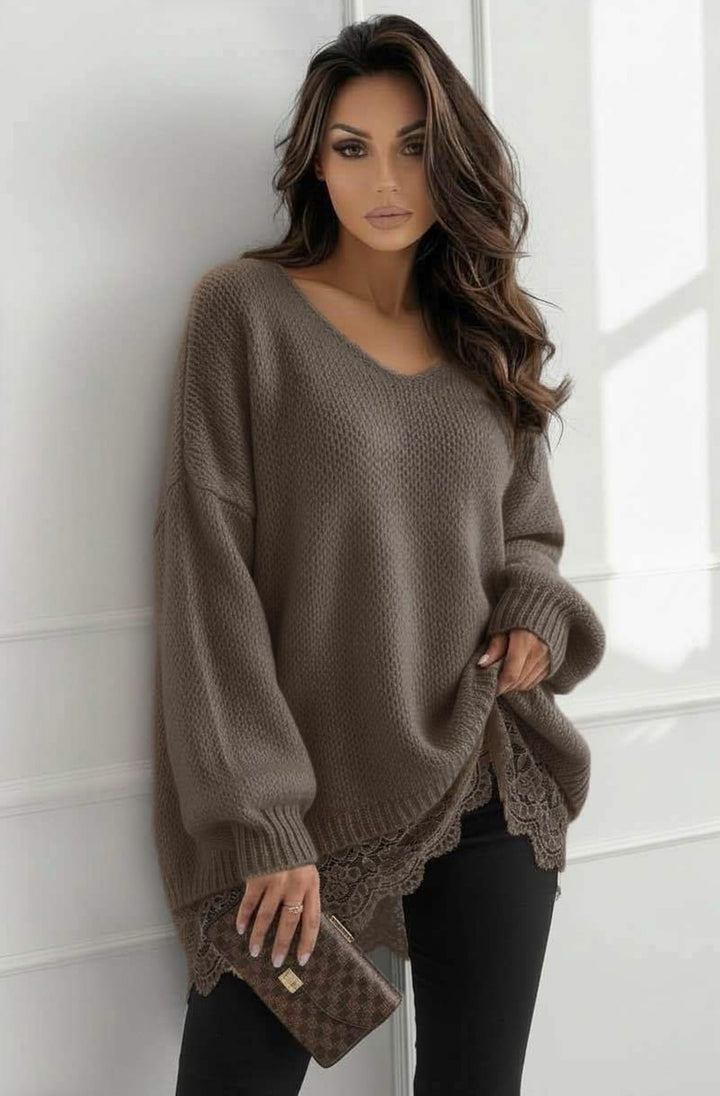 Sola Oversized V Neck Lace Hem  Knitted Sweater Jumper-Mocha