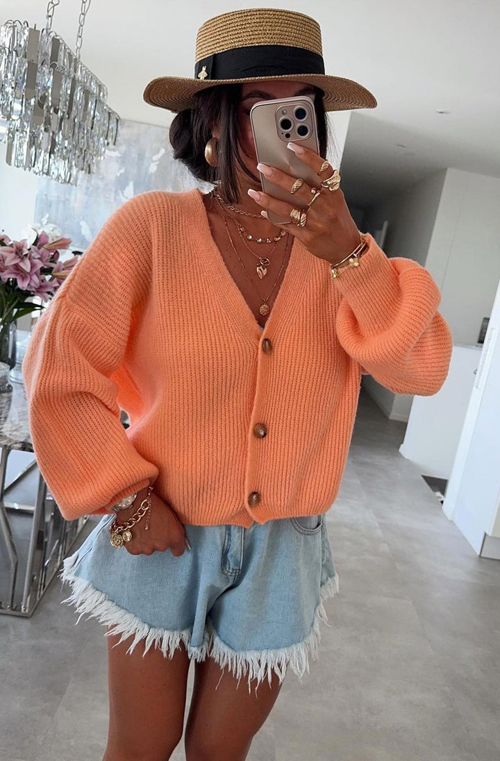 Sophie Melange Style Knitted Cardigan-Coral