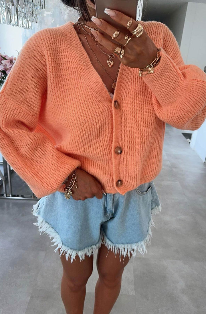 Sophie Melange Style Knitted Cardigan-Coral