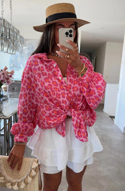 Stacey Animal Oversized Cotton Gauze Style Shirt Top-Pink