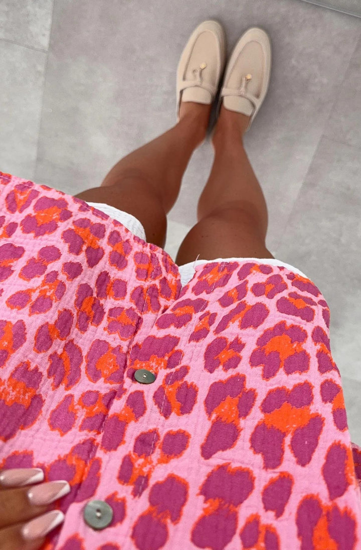 Stacey Animal Oversized Cotton Gauze Style Shirt Top-Pink