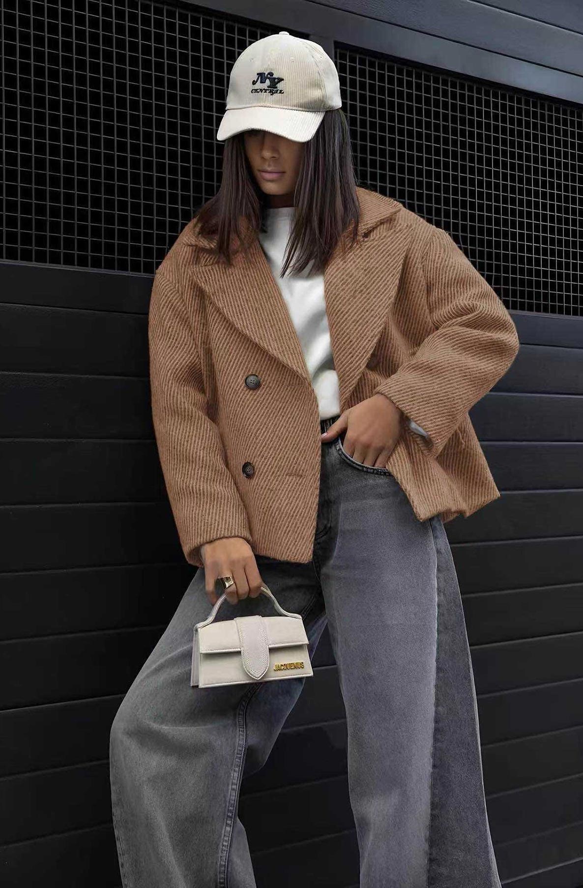 Stella Striped Oversized Collar Coat-Camel
