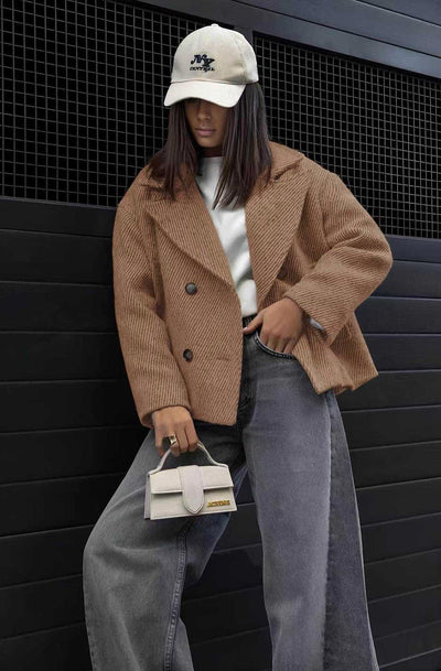Stella Striped Oversized Collar Coat-Camel