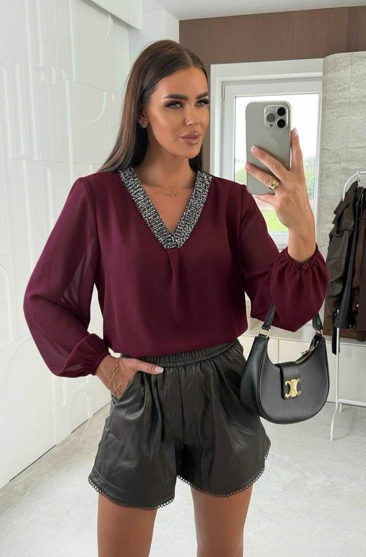 Suri Sequin V-Neck Blouse Shirt Top-Wine