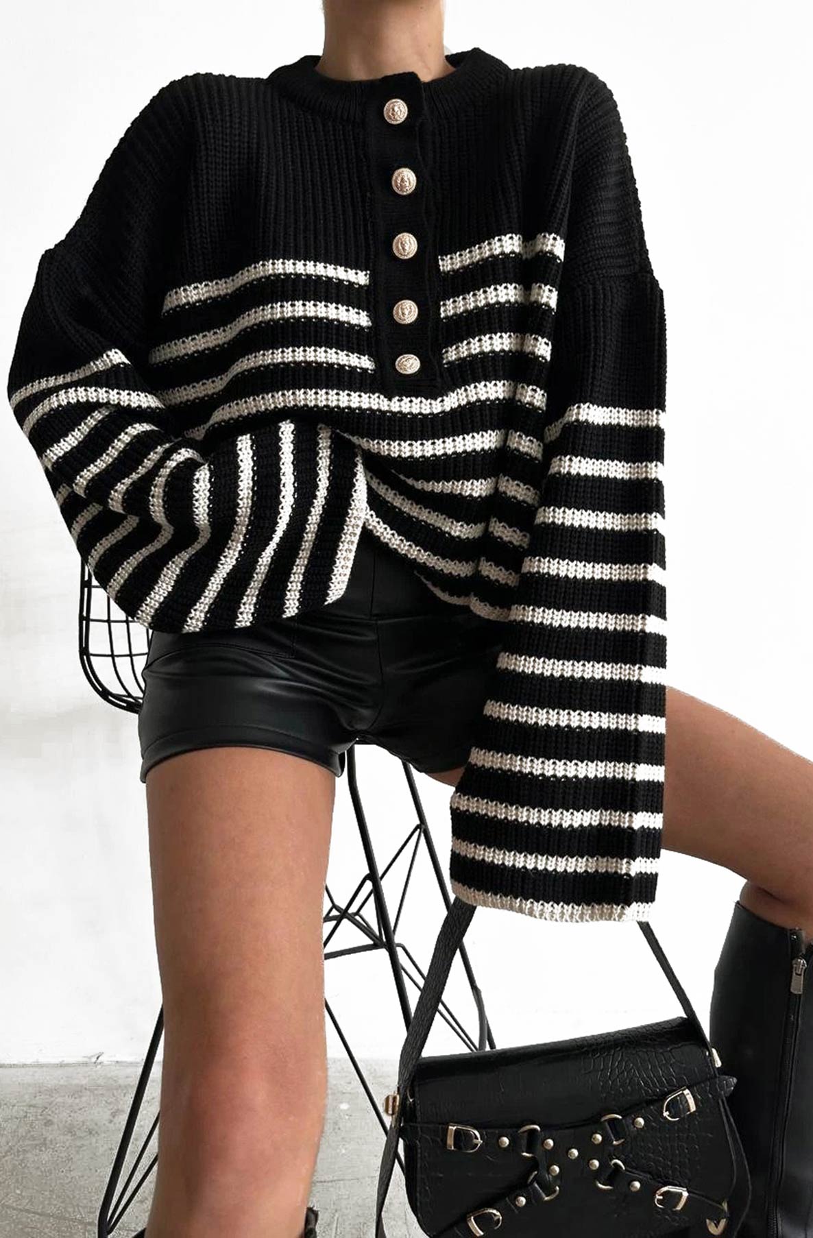 Talia Striped Knitted Jumper Sweater Top-Black