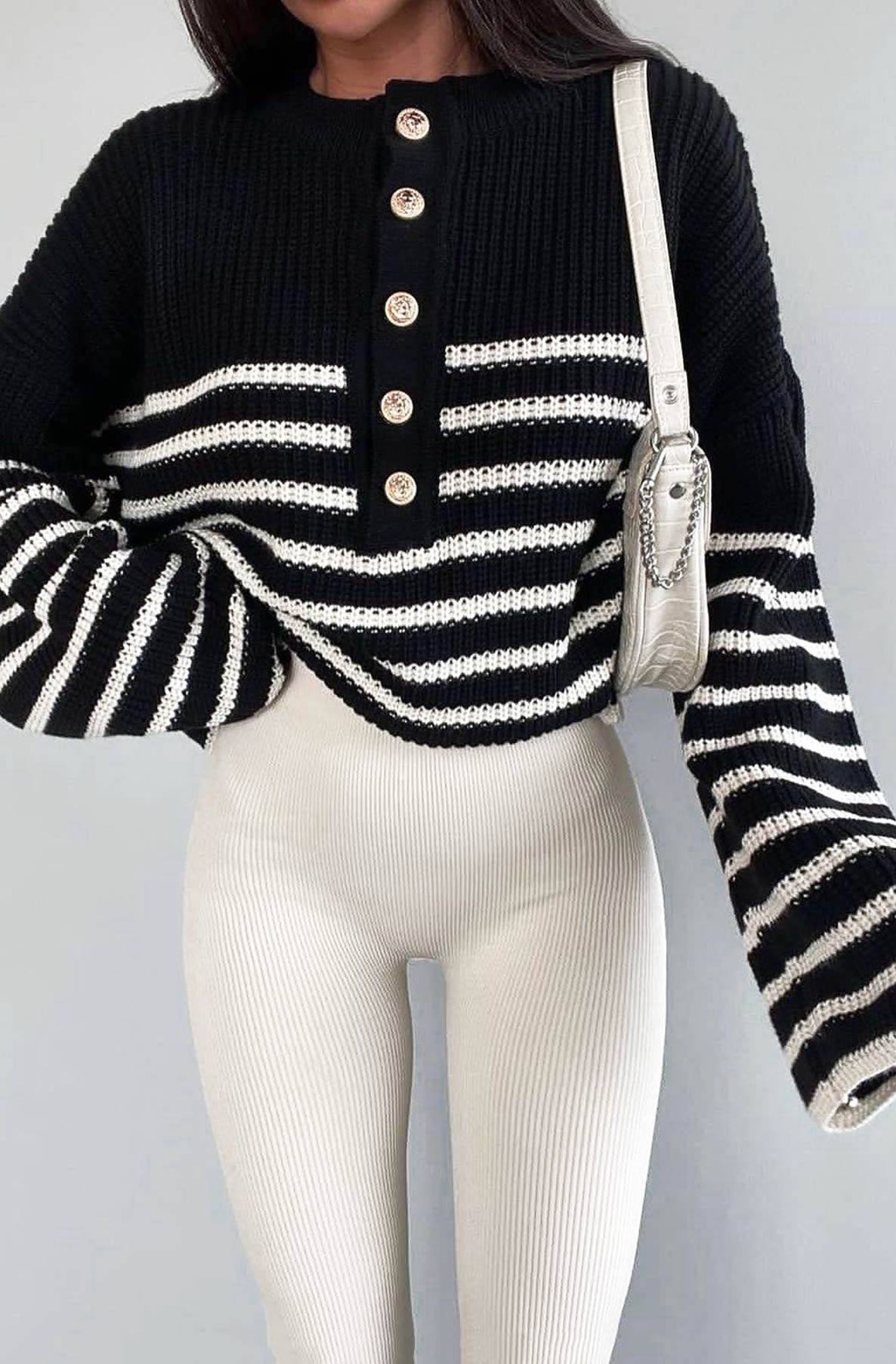 Talia Striped Knitted Jumper Sweater Top-Black