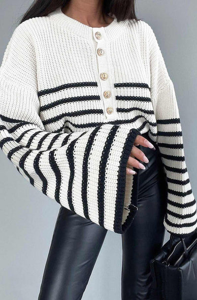 Talia Striped Knitted Jumper Sweater Top-Ivory