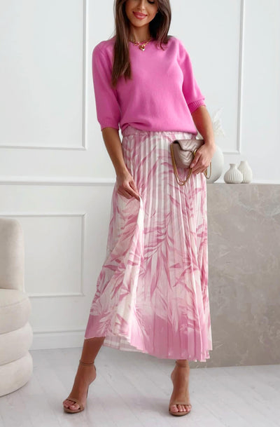Tara Pleated Tropical Floral Midaxi Skirt-Pink