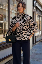 Tasha Leopard Print Lightweight Knitted High Neck Top-Brown