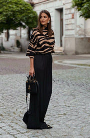 Tasha Zebra Print Lightweight Knitted High Neck Top-Camel