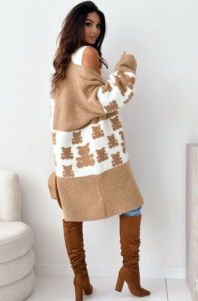 Teddy Printed Longline Cardigan-Camel