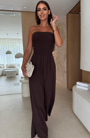 Tegan Shirred Bandeau Cotton Gauze Style Wide Leg Jumpsuit-Dark Brown