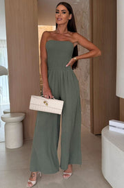 Tegan Shirred Bandeau Cotton Gauze Style Wide Leg Jumpsuit-Khaki