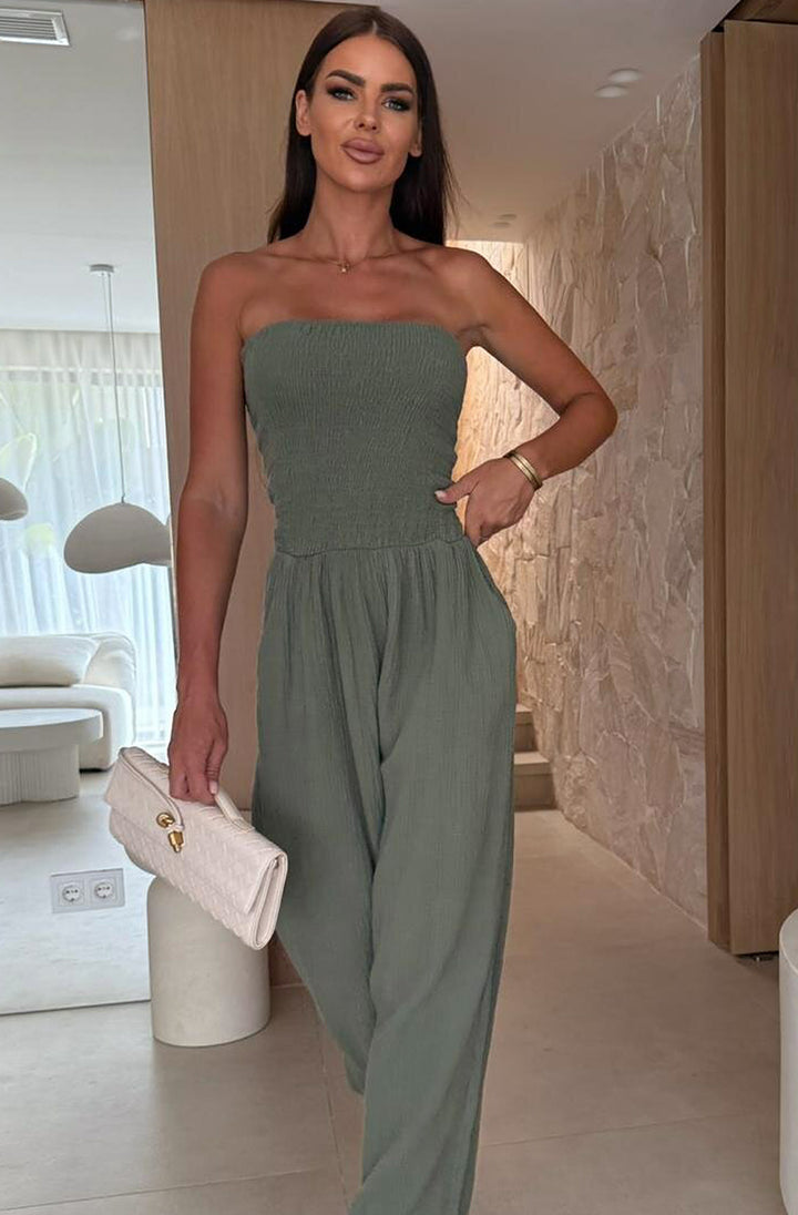 Tegan Shirred Bandeau Cotton Gauze Style Wide Leg Jumpsuit-Khaki